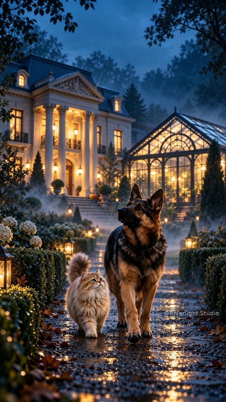 Original Chateau Pets Rainy Night phone artwork, branded low-resolution preview — Pixel and Mist at rainy manor