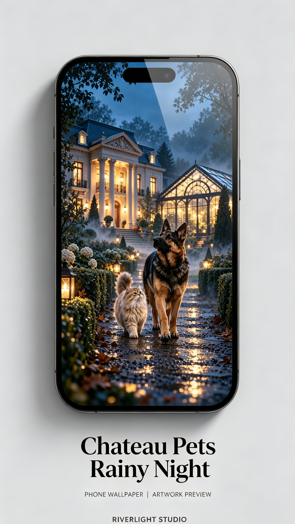 Pixel and Mist rainy manor wallpaper shown inside a phone mockup; mockup device not included