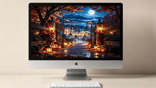 Autumn Chateau Moon landscape art displayed on a desktop computer mockup; computer not included