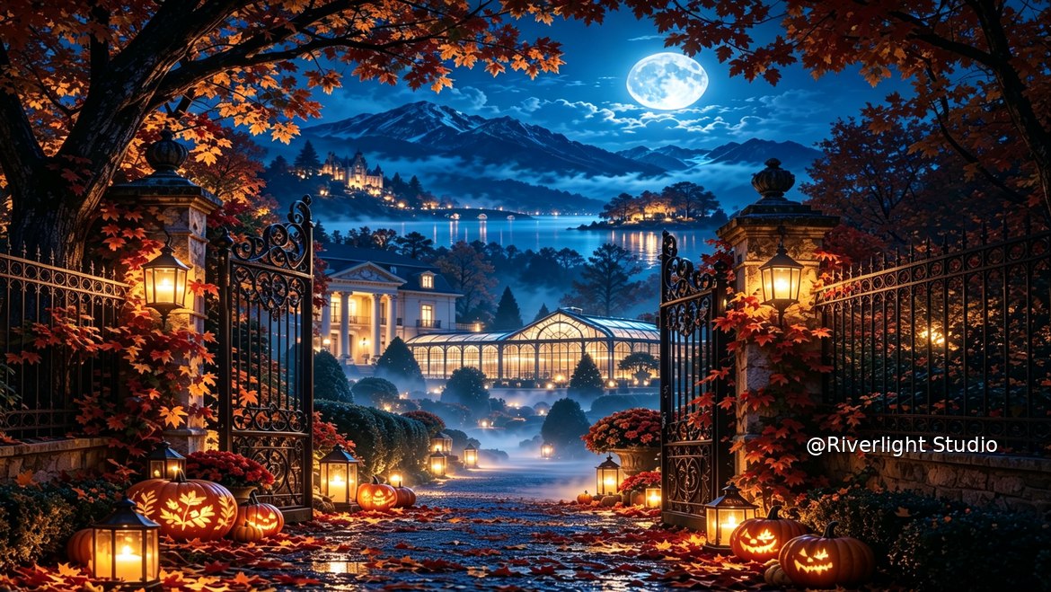 Actual unframed Autumn Chateau Moon landscape desktop artwork, small watermark on display-only preview
