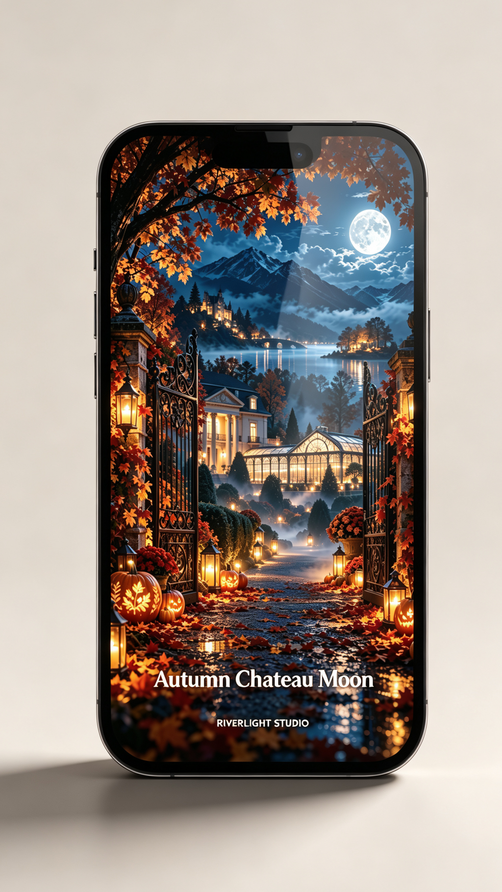 Autumn Chateau Moon portrait art shown on a smartphone mockup; device not included