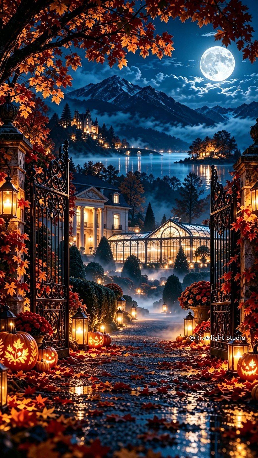 Actual unframed Autumn Chateau Moon portrait phone artwork, small watermark on display-only preview