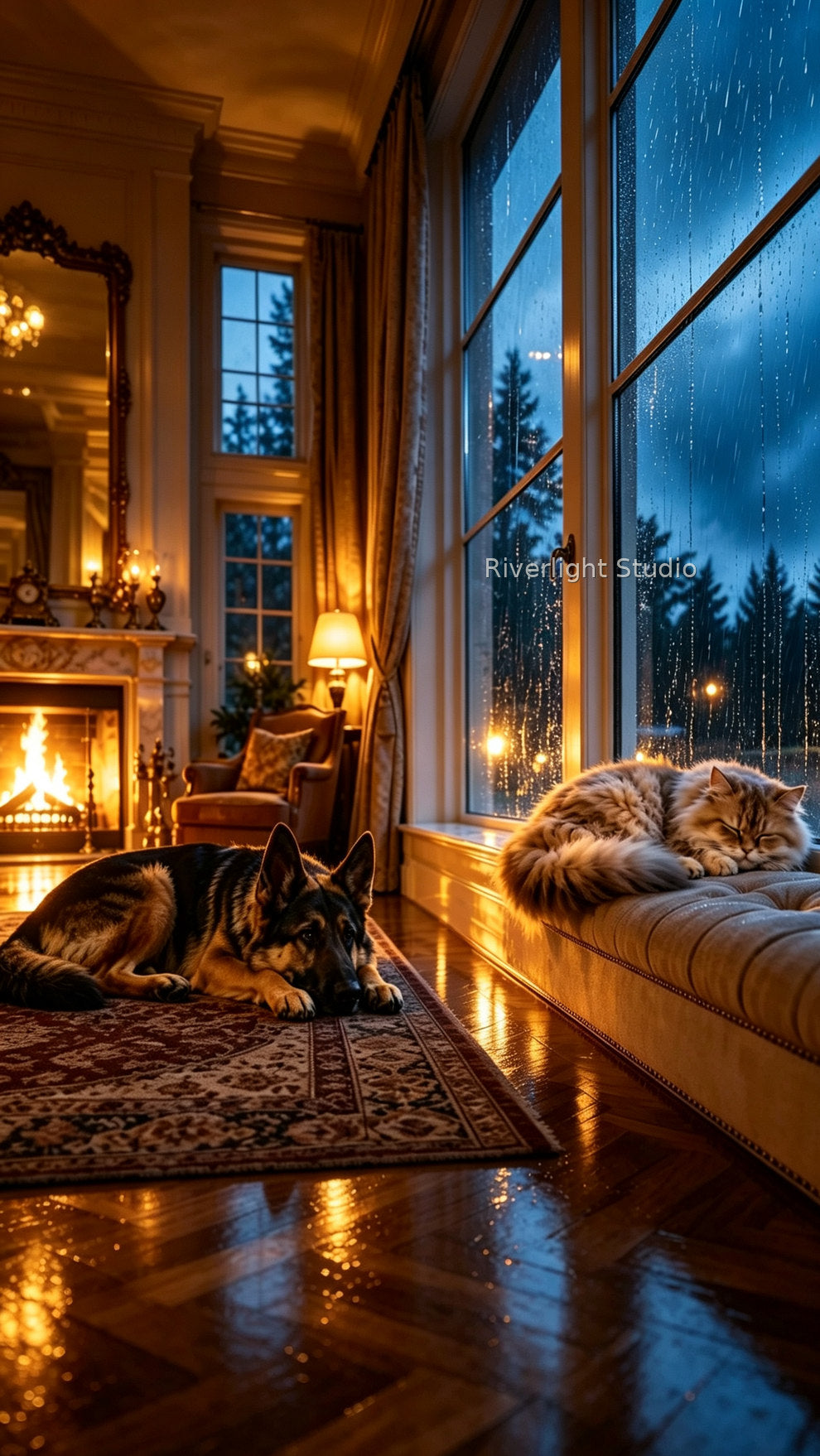 Main product photo: full-screen original Cozy Rainy Window phone wallpaper artwork without smartphone frame, subtle Riverlight Studio mid-right watermark