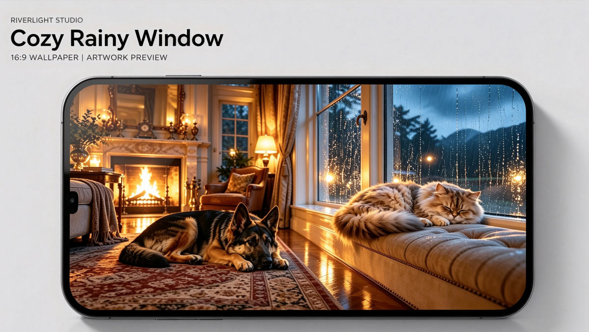 Cozy Rainy Window landscape mockup showing exact corresponding Pixel and Mist widescreen artwork for personal desktop wallpaper