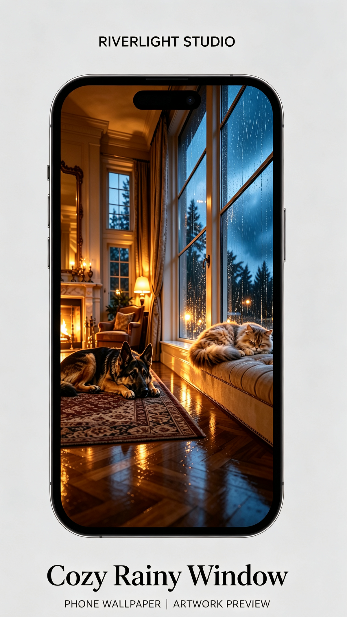 Secondary product photo: Pixel and Mist Cozy Rainy Window artwork displayed in an elegant phone mockup, promotional preview
