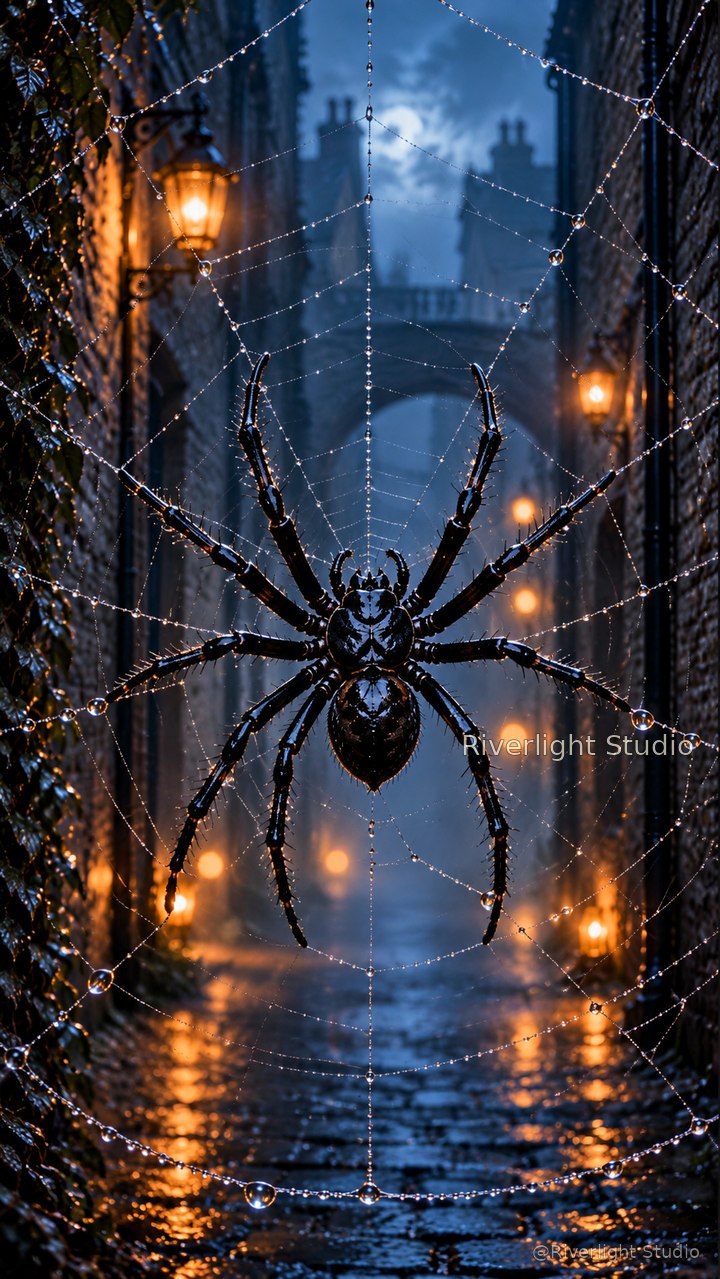 Riverlight Studio Dewy Spider, atmospheric spider web in misty Scottish stone lane, semi-transparent watermark at middle right