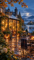 Autumn twilight glasshouse with warm lanterns overlooking a quiet misty Scottish-inspired loch — original artwork branded preview