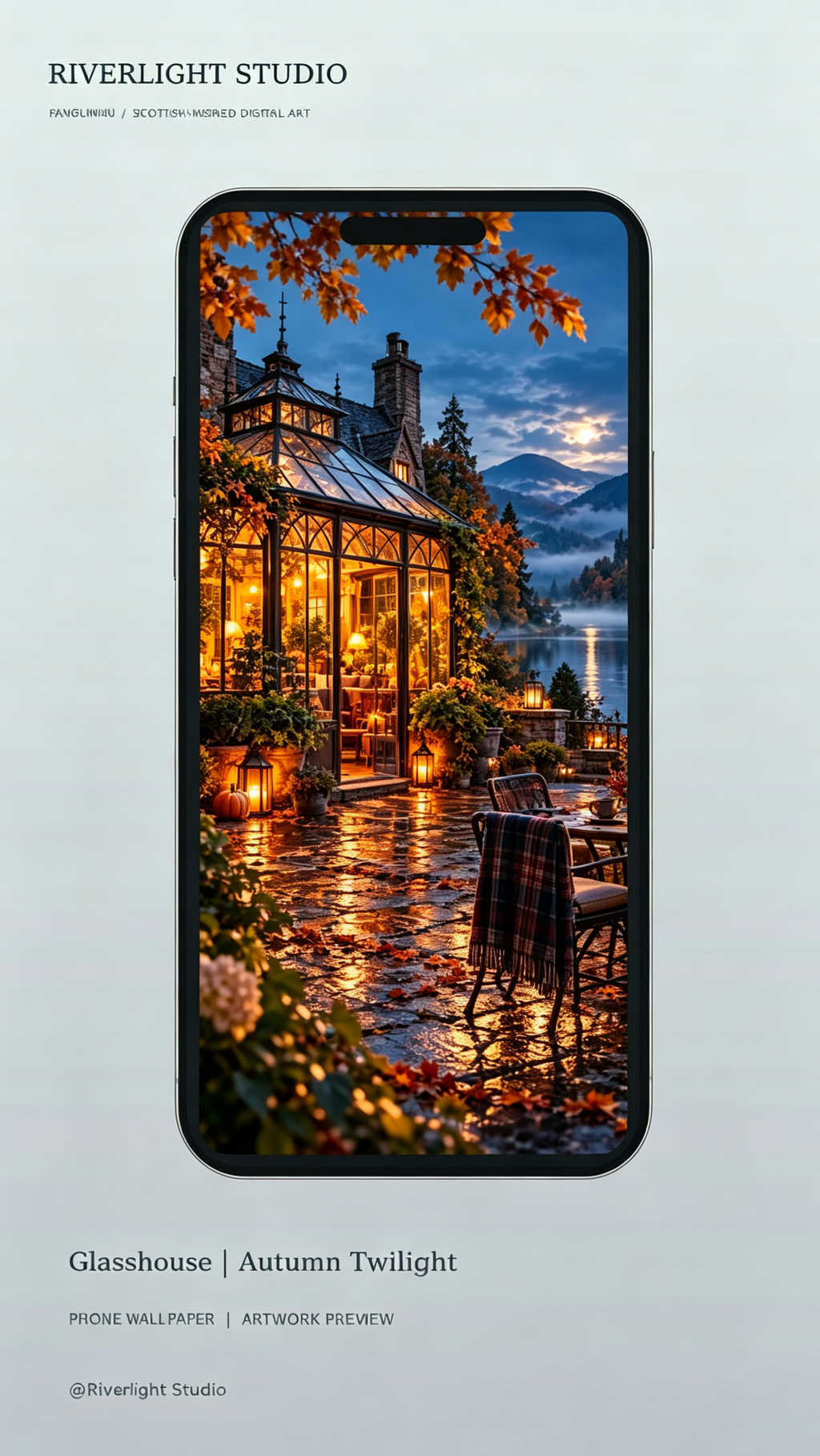 Glasshouse Autumn Twilight Riverlight Studio phone wallpaper mockup, demonstration only