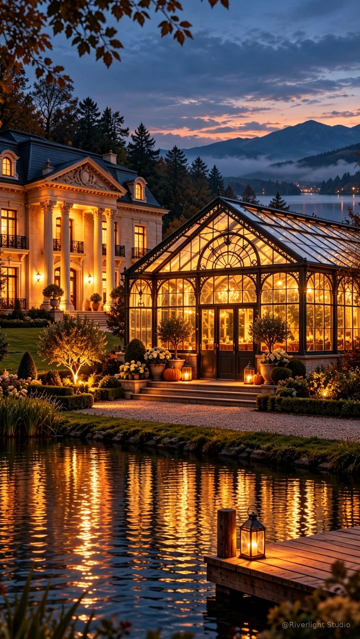 Golden Windows by the Loch - separate manor and glasshouse by water at autumn dusk - Riverlight Studio wallpaper