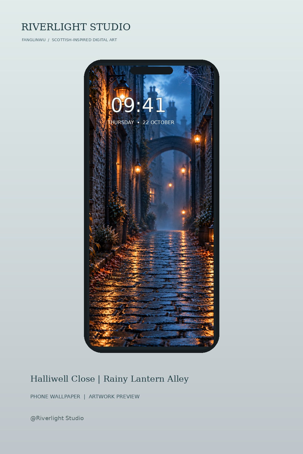Rainy stone lane wallpaper on a phone mockup