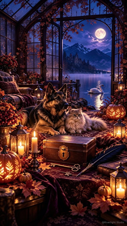 Pixel, Mist and Luna in a moonlit glasshouse with autumn pumpkins and a keepsake chest — Riverlight Studio portrait wallpaper
