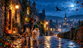 Pixel and Mist beside wet cobblestones under a moon and raven in a Scottish Borders-inspired town — Riverlight Studio wallpaper preview