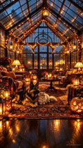 Pixel the German Shepherd and Mist the fluffy cat beside candlelit pumpkins in a glasshouse — Riverlight Studio preview