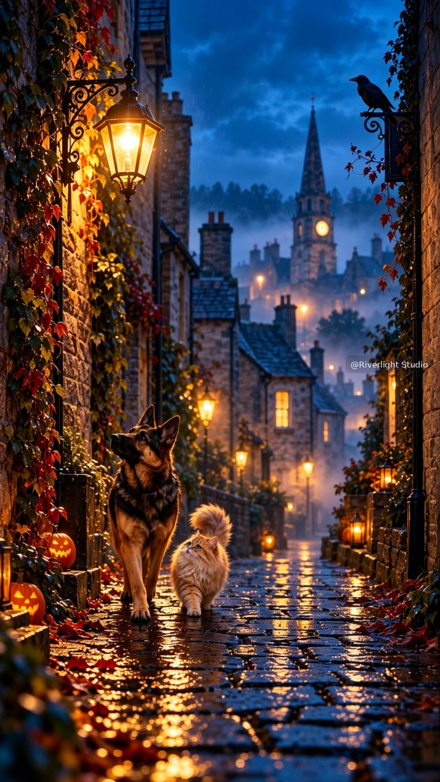 Rainy Alley Pets actual portrait artwork preview, small @Riverlight Studio watermark; paid image is clean