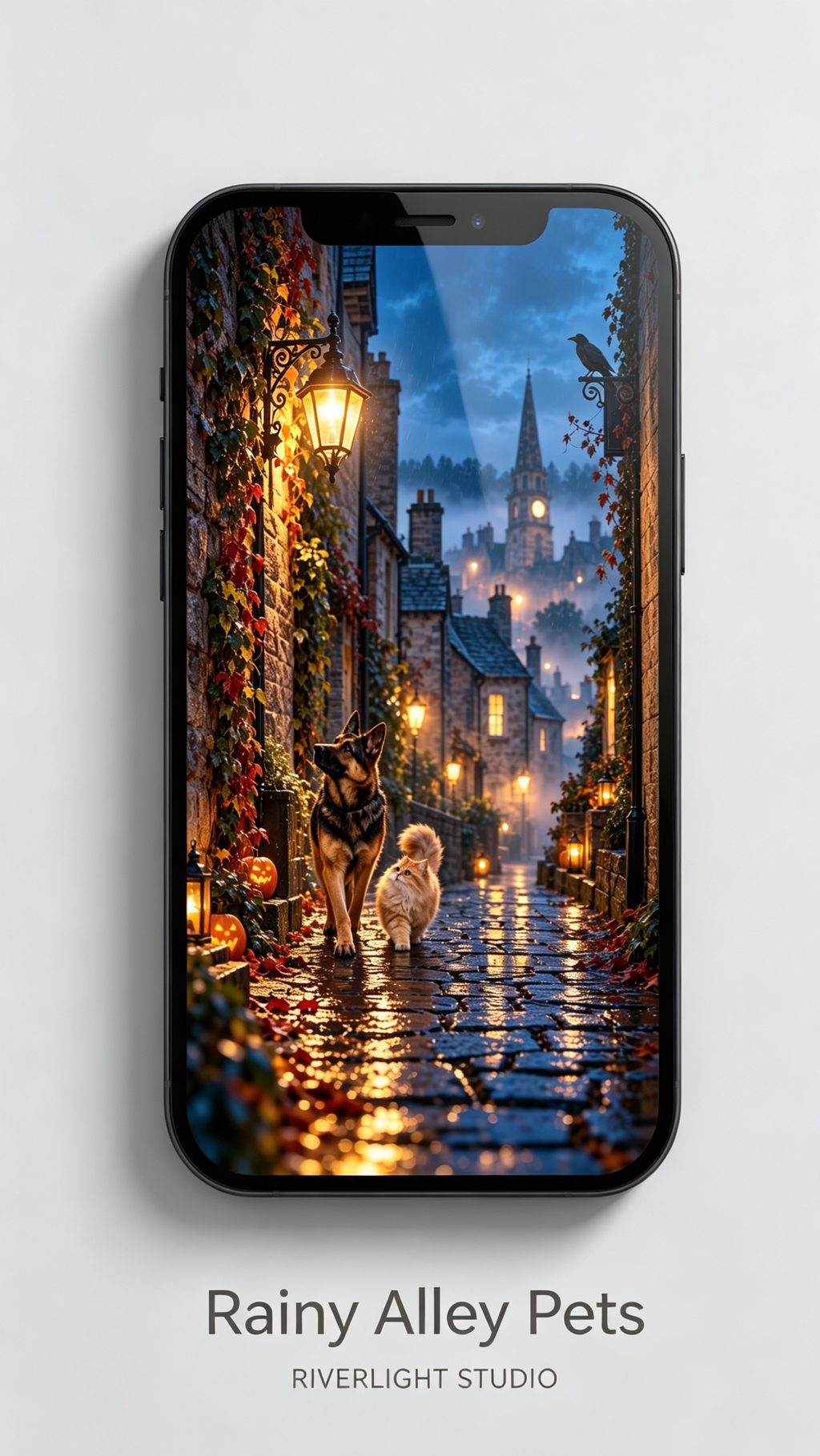Rainy Alley Pets wallpaper on phone mockup, device frame not included