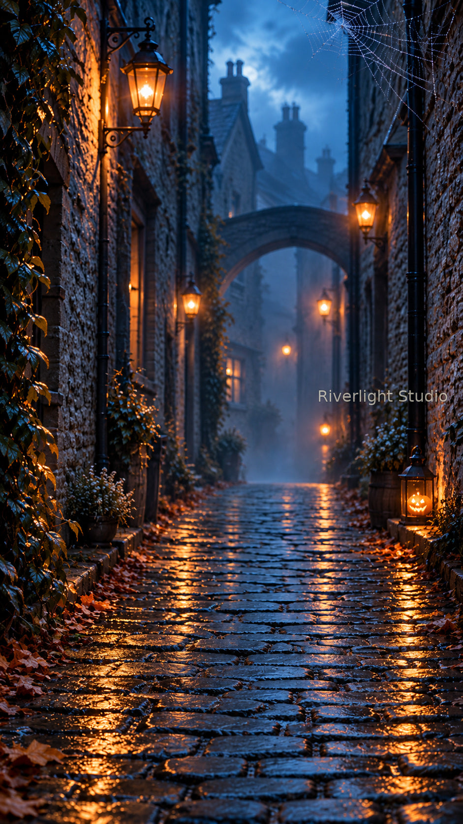 Riverlight Studio branded portrait preview of the rainy Scottish stone alley, warm lanterns, arched stone bridge and pumpkin