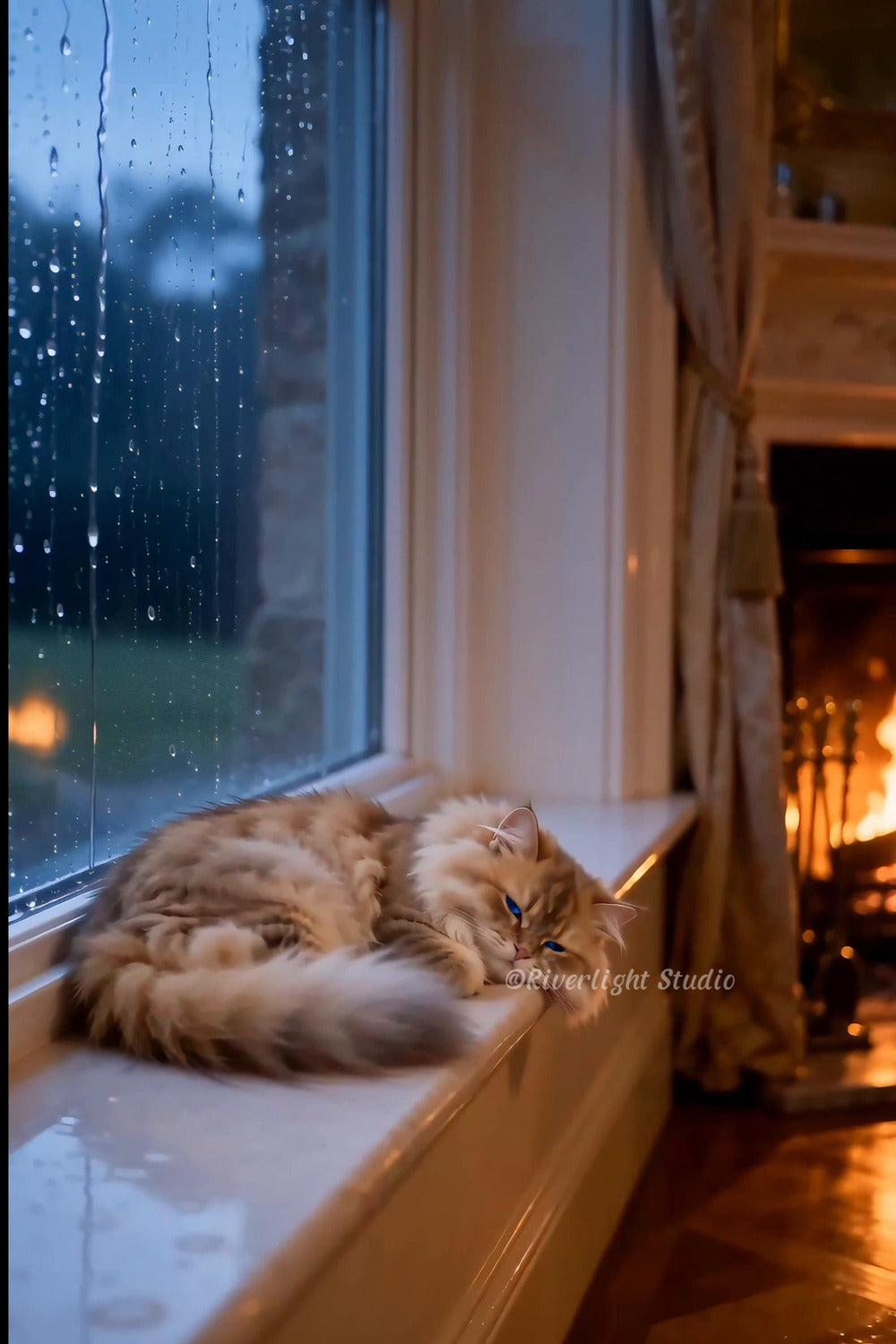 Preview from 00:31.5 — Mist asleep beside rain-covered glass and glowing fireplace, Riverlight Studio, preview only