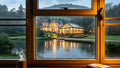 Wide rainy-window artwork of the loch, manor, glasshouse and steaming mug — 2570 × 1448 widescreen Riverlight Studio preview