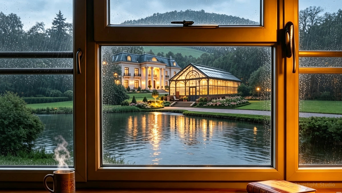 Wide rainy-window artwork of the loch, manor, glasshouse and steaming mug — 2570 × 1448 widescreen Riverlight Studio preview