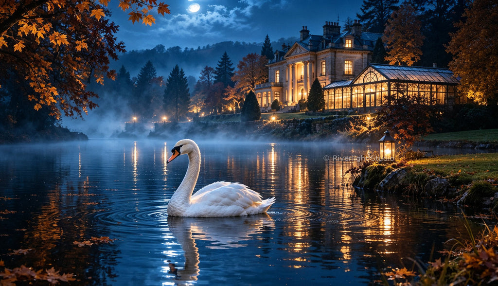 Actual landscape Swan Moonlit Manor artwork preview (not device mockup), © Riverlight Studio — customer ZIP contains unframed original PNG