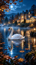 Actual portrait Swan Moonlit Manor artwork preview (not device mockup), © Riverlight Studio — customer ZIP contains unframed original PNG