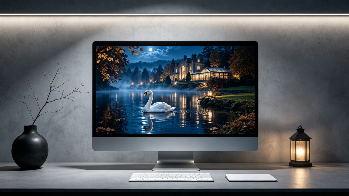 Riverlight Studio Swan Moonlit Manor wallpaper mockup
