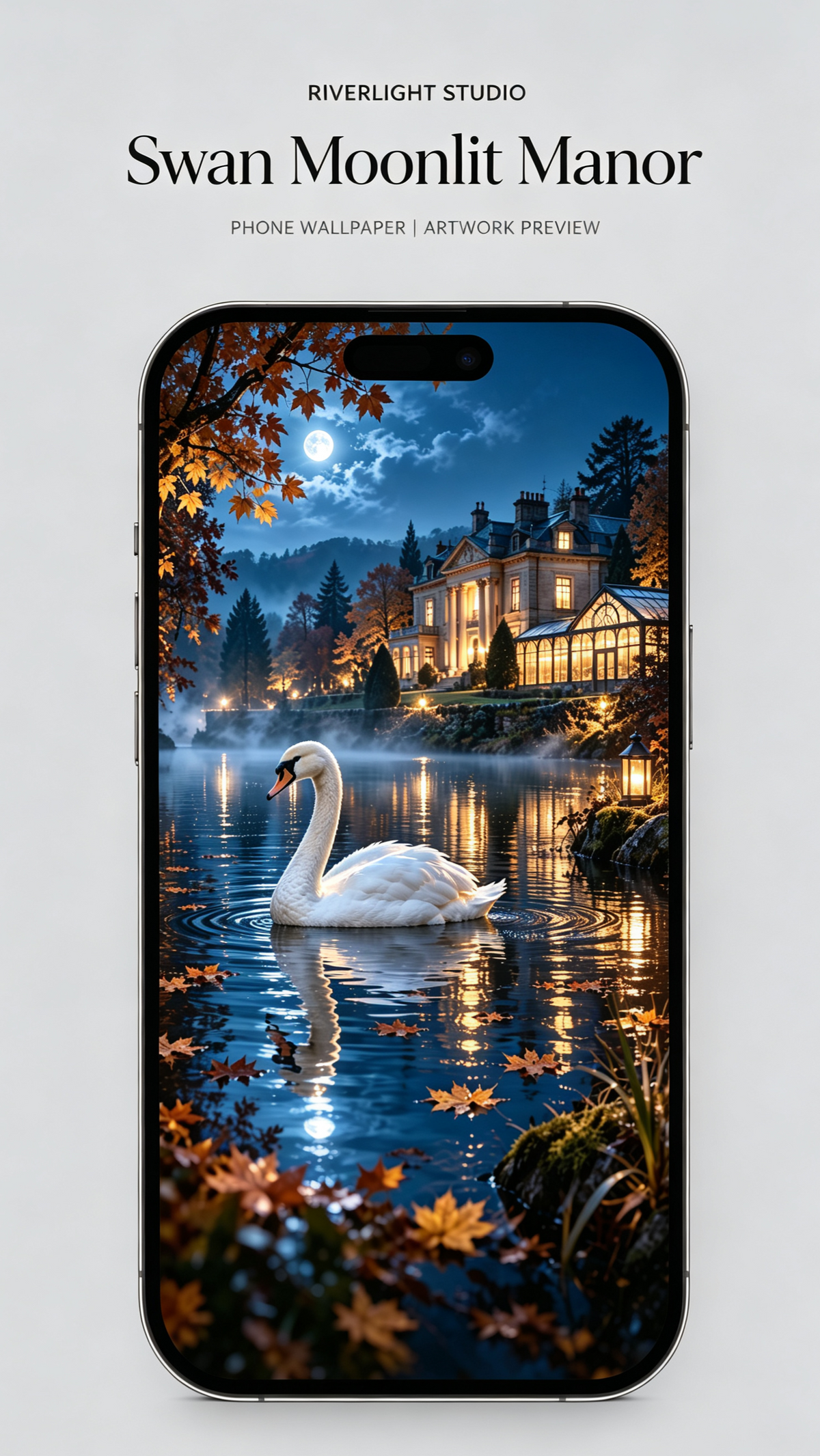 Riverlight Studio Swan Moonlit Manor wallpaper mockup