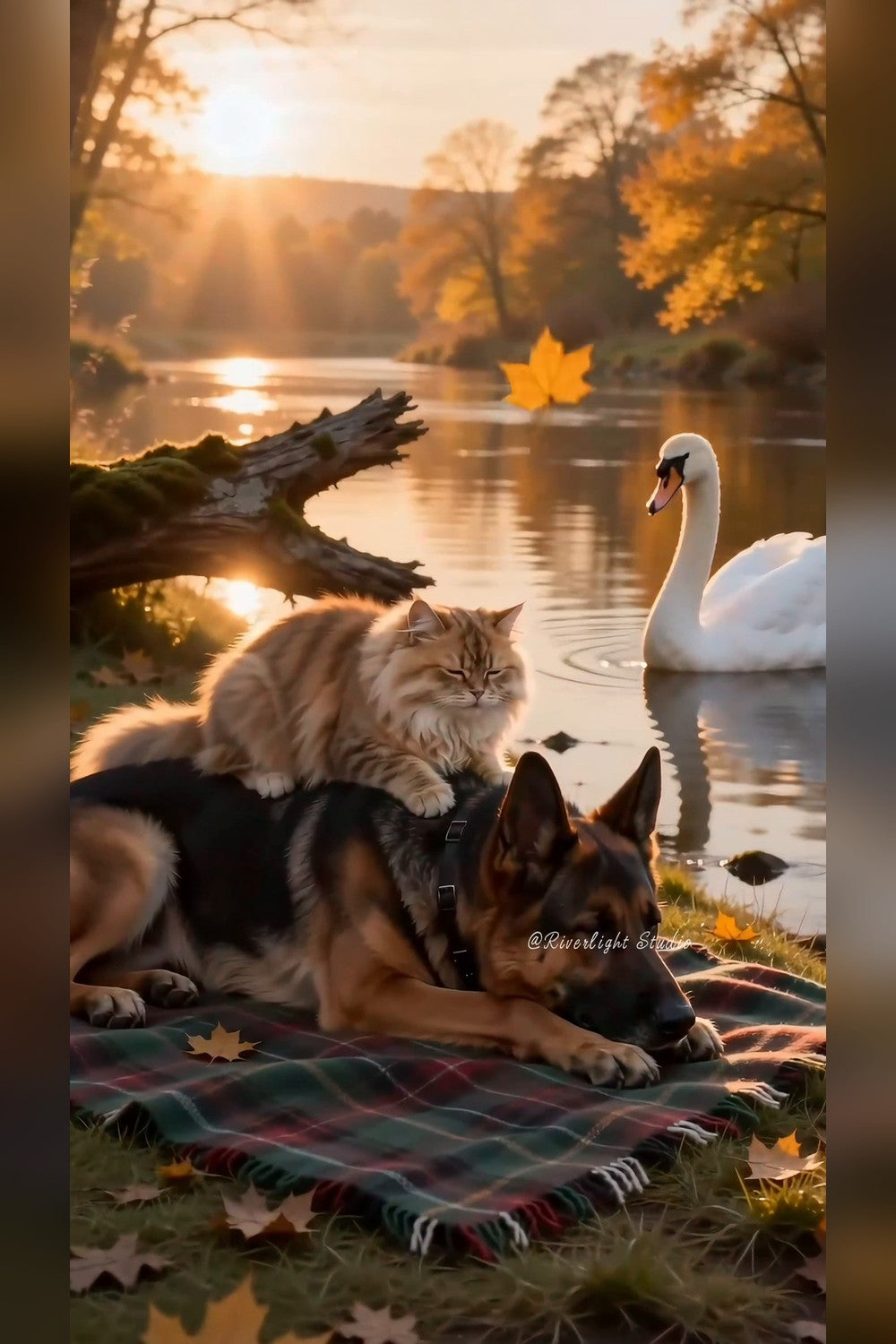 Pixel, Mist and Luna the swan enjoying an autumn afternoon by the water