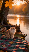 Golden autumn riverbank with Pixel, Mist and a tartan blanket