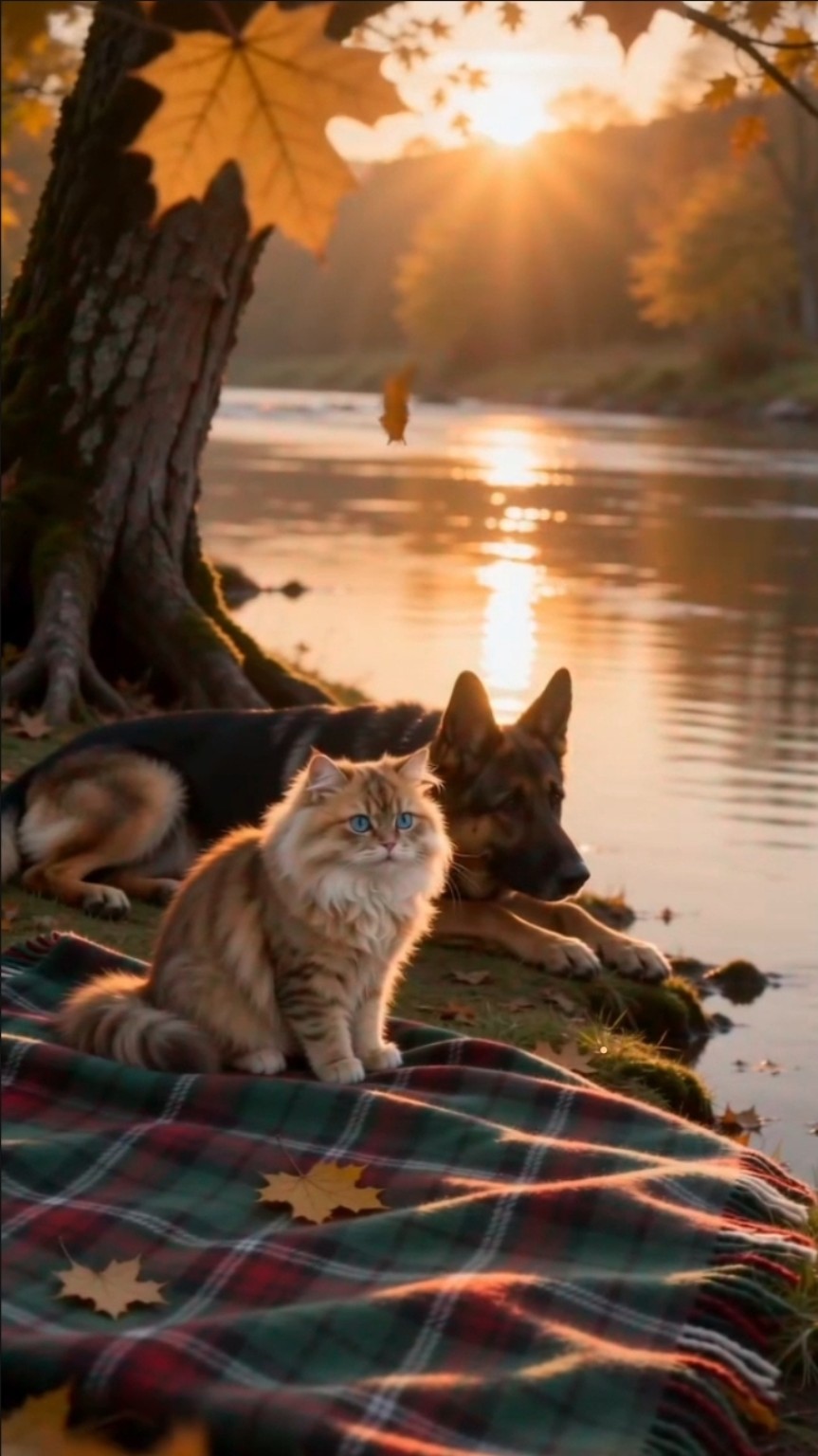 Golden autumn riverbank with Pixel, Mist and a tartan blanket