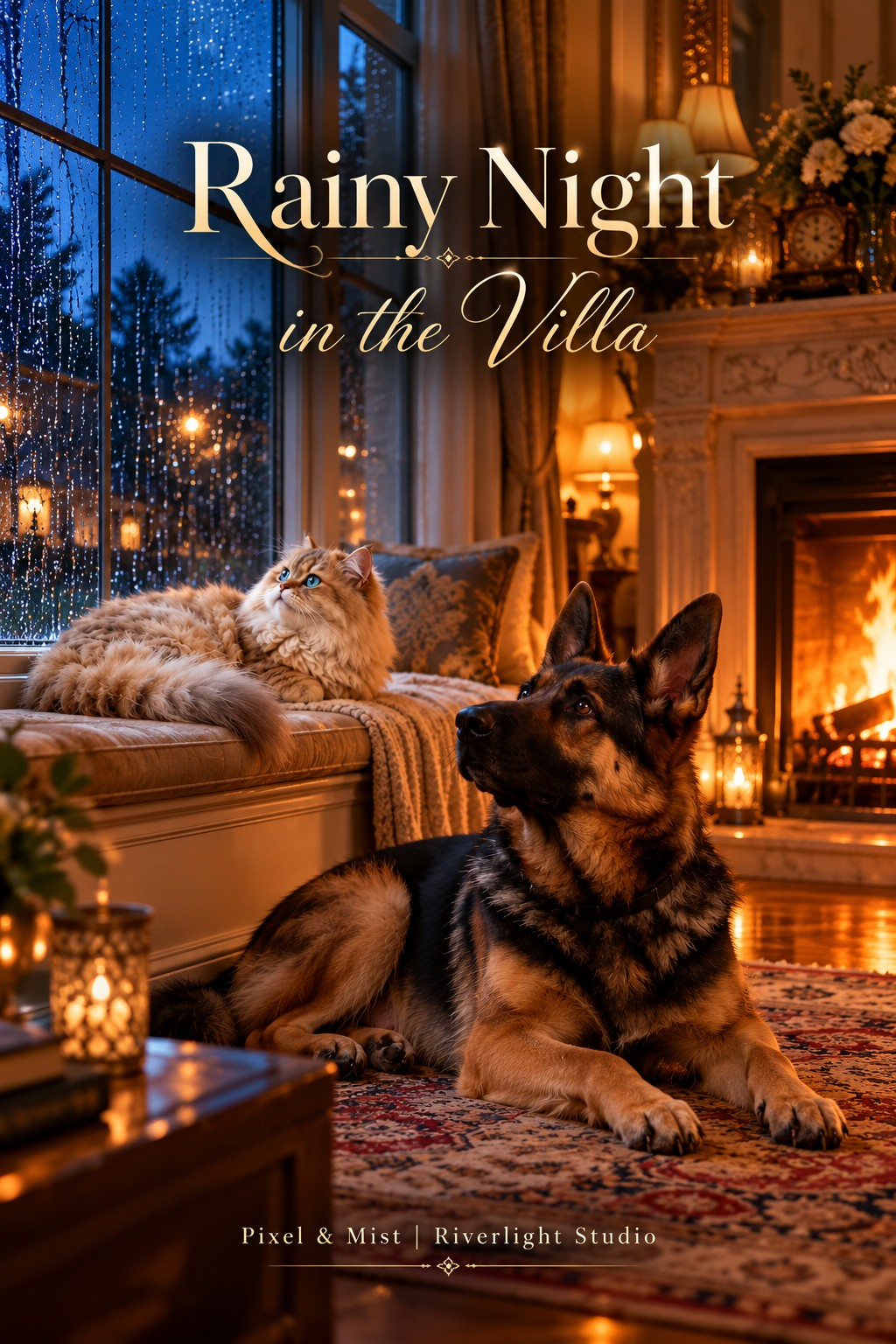 Rainy Night in the Villa — Pixel and Mist by the fireplace, Riverlight Studio