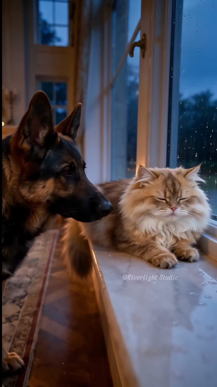 Pixel and Mist beside a rain-streaked window