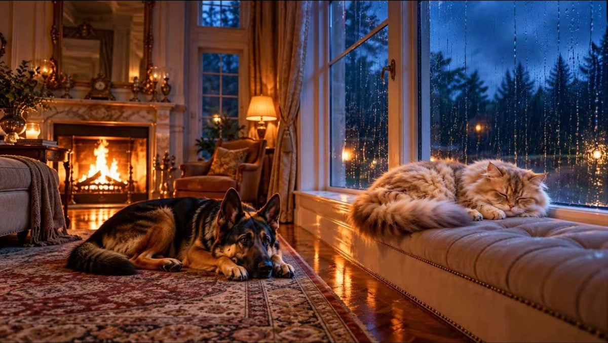 Pixel and Mist relaxing beside the fireplace and rainy windows of FanglinWu Manor
