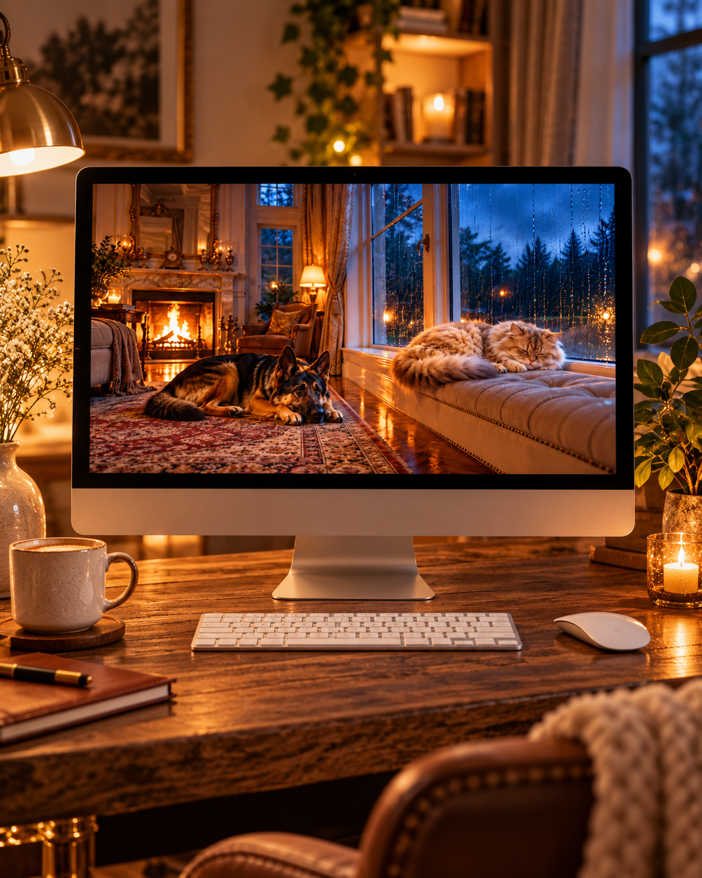 Illustrative desktop screen mockup of Pixel and Mist on a rainy night, hardware not included