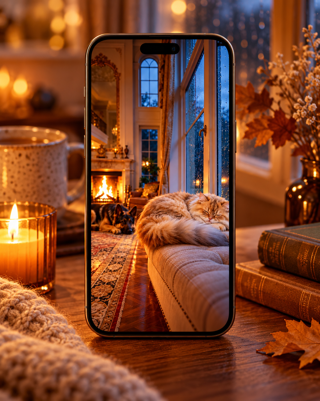 Illustrative phone wallpaper mockup of Pixel and Mist relaxing at FanglinWu Manor, phone not included