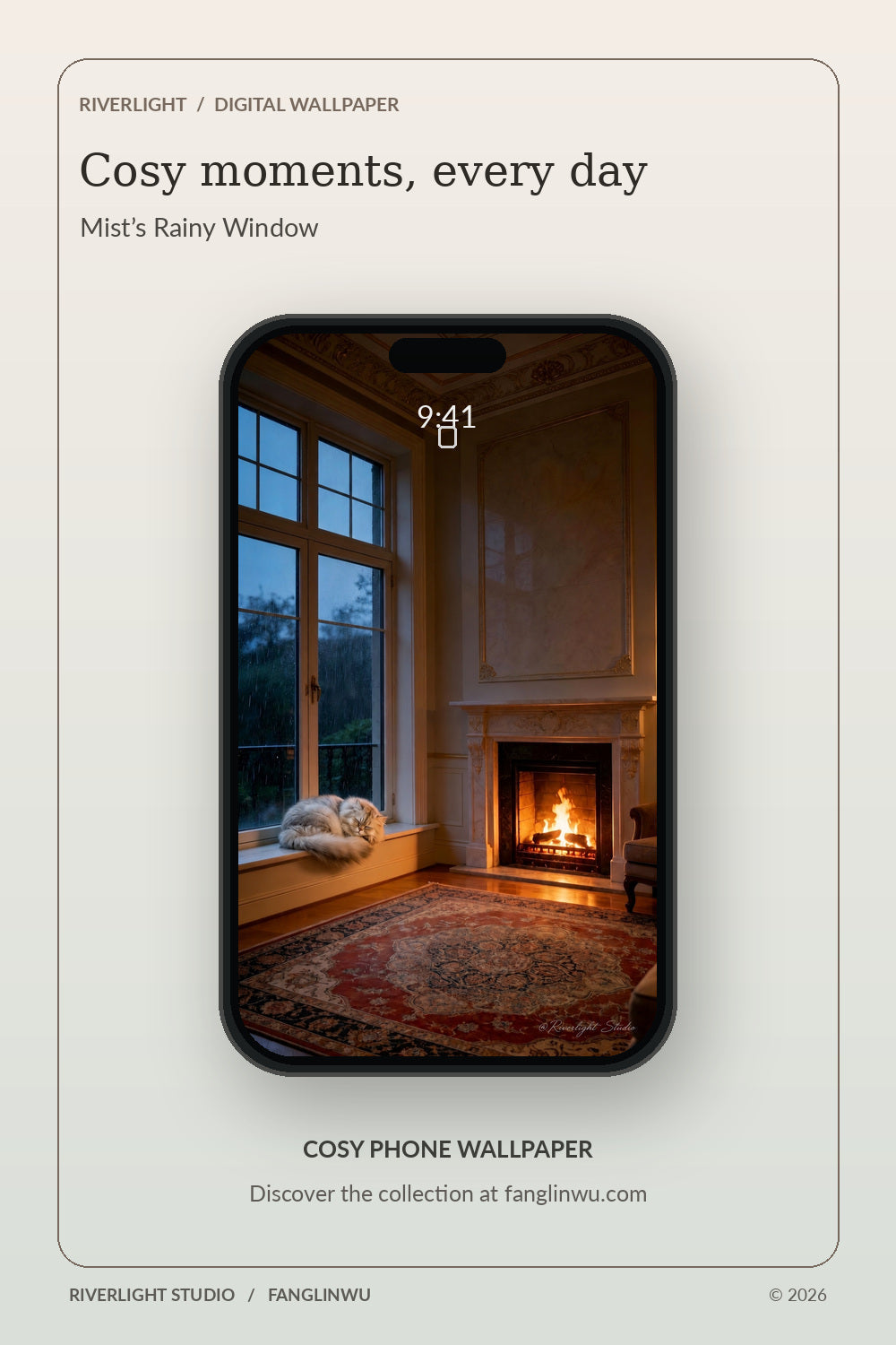 Lifestyle mockup of Mist’s Rainy Window digital wallpaper on a phone, showing Mist asleep beside a rainy window and glowing fireplace. Promotional display; digital download, phone not included.