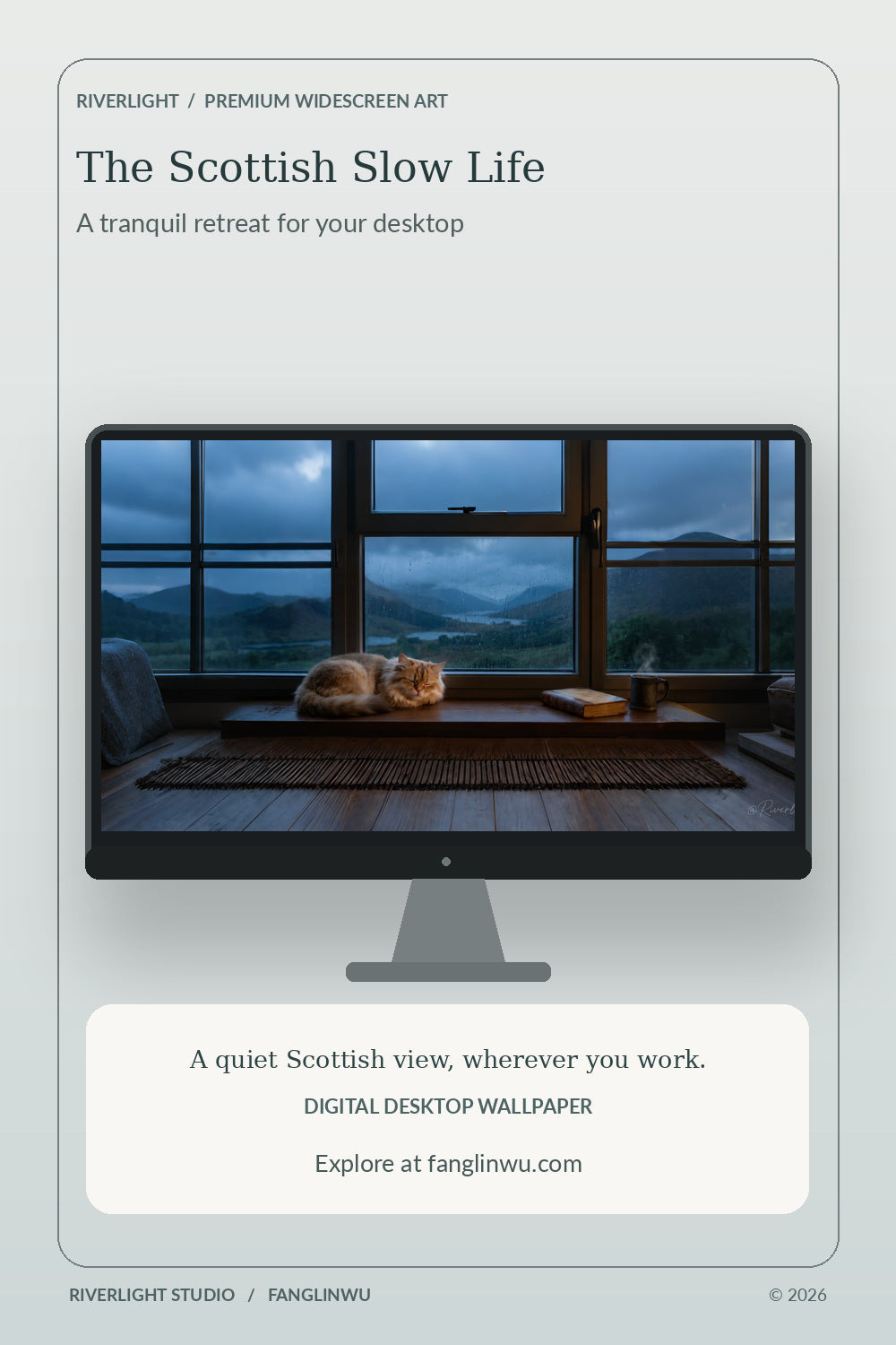 Desktop monitor lifestyle mockup of The Scottish Slow Life wallpaper showing a sleeping cat, Scottish loch in rain, vintage book and mug. Promotional display; monitor not included.
