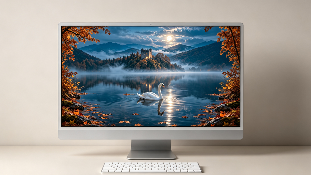 Desktop preview of white swan on moonlit Scottish loch wallpaper