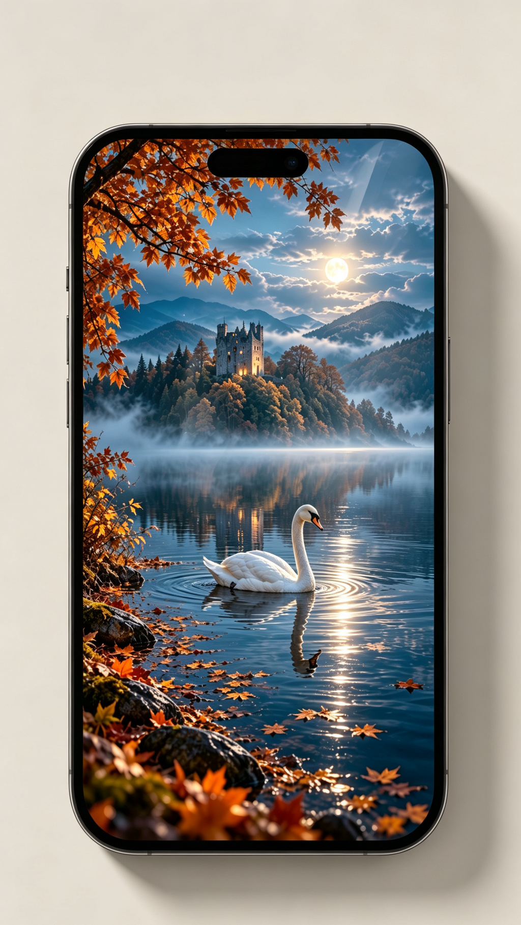 Phone preview of white swan on moonlit Scottish loch wallpaper