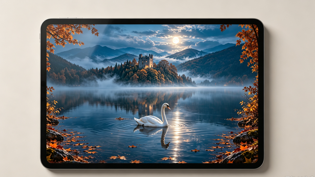 Tablet preview of white swan on moonlit Scottish loch wallpaper